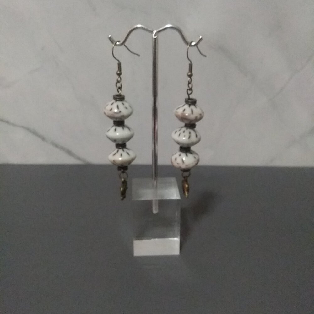 Brown & Ivory Spotted Bead Drop Earrings w/ Brass Elephant Charm Boho Tribal